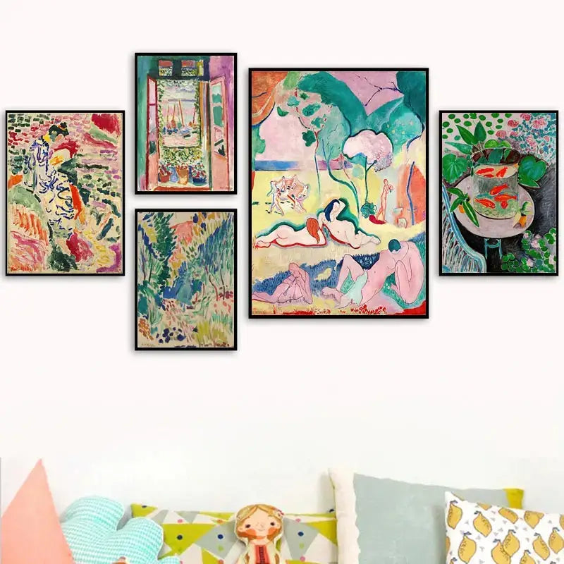 Set of five framed DecorBites vintage Matisse abstract landscape wall art prints in vibrant pastel and bold hues