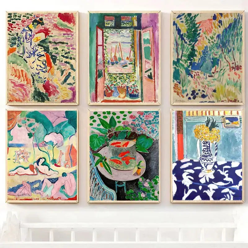 Set of six framed DecorBites vintage matisse abstract landscape wall art prints in vibrant colors with light wooden frames