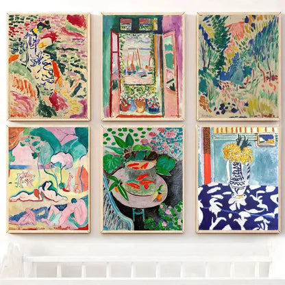 Set of six framed DecorBites vintage matisse abstract landscape wall art prints in vibrant colors with light wooden frames