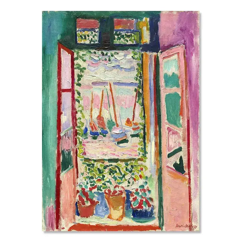 DecorBites™ vintage matisse abstract landscape wall art featuring a vibrant open doorway with sunlit garden plants