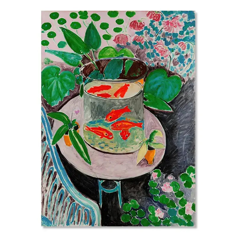 A vibrant decorbites™ vintage matisse abstract landscape wall art featuring a glass fishbowl with red goldfish and lily pads
