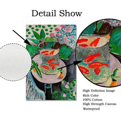 A vibrant DecorBites™ vintage Matisse abstract landscape wall art on 100% cotton canvas with goldfish and foliage