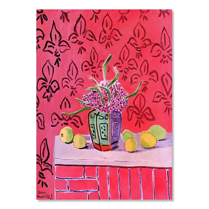 DecorBites™ vintage Matisse abstract landscape wall art with a vibrant green and purple vase holding pink flowers