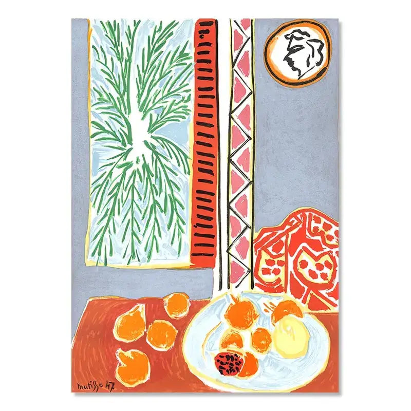 A white scalloped plate with orange and yellow fruits and a red pomegranate seed in decorbites vintage matisse abstract landscape wall art