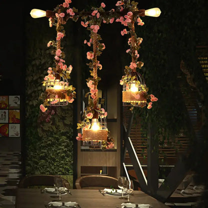 DecorBites vintage metal 3-head black ceiling light with birdcage-style e26 e27 fixtures and pink flower decor
