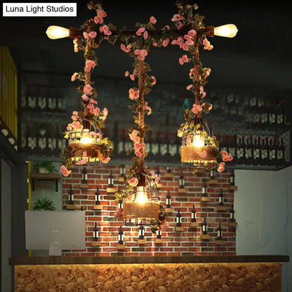 DecorBites vintage metal 3-head black ceiling light with e26 e27 sockets featuring birdcage lights and pink flower decor