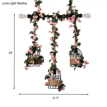 DecorBites™ vintage black wrought iron ceiling light with three e26 e27 birdcage fixtures and pink rose decor