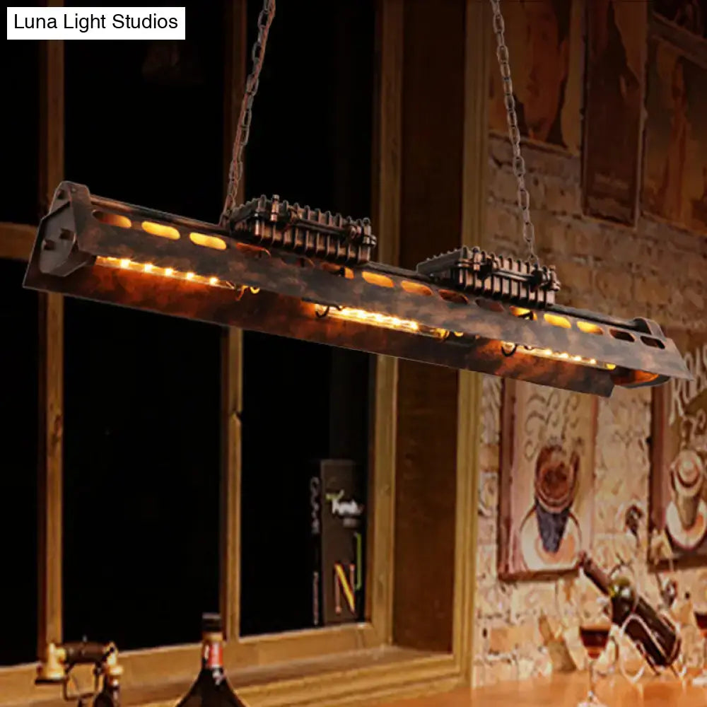 DecorBites vintage metal rust linear island lighting fixture with 3 pendant lamps and exposed edison bulbs