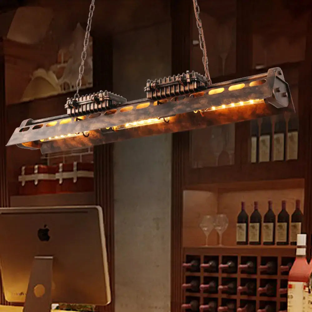 Decorbites vintage metal rust linear island lighting fixture with 3 pendant lamps featuring exposed edison bulbs
