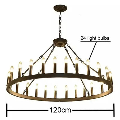 Antique brass DecorBites™ vintage modern led pendant chandelier with 24 candle-style light bulbs in circular design