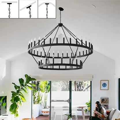 Black wrought iron DecorBites™ vintage modern LED pendant chandelier with multiple tiers of candle-style bulbs
