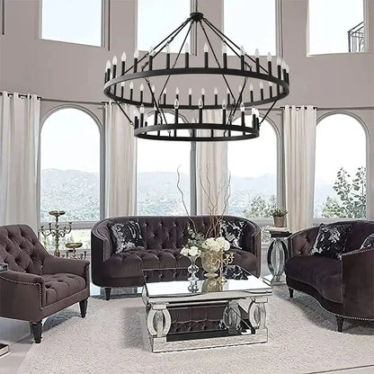 Black wrought iron vintage modern led pendant chandelier with multiple tiers of candle-style bulbs by decorbites
