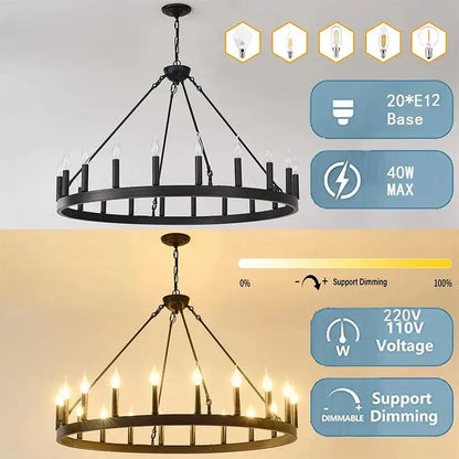 Black wrought iron DecorBites™ vintage modern led pendant chandelier with 20 candle-style bulbs and dimmable design