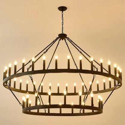 Black wrought iron DecorBites vintage modern led pendant chandelier with multiple tiers of candle-style bulbs
