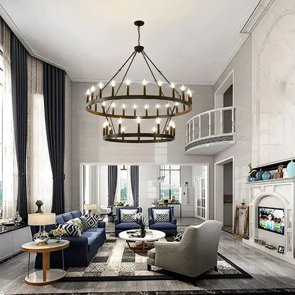 DecorBites™ vintage modern led two-tiered dark bronze pendant chandelier with multiple exposed bulbs hanging from ceiling