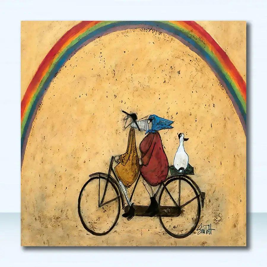 A whimsical decorbites™ vintage nordic abstract landscape canvas featuring stylized figures and a rainbow arch