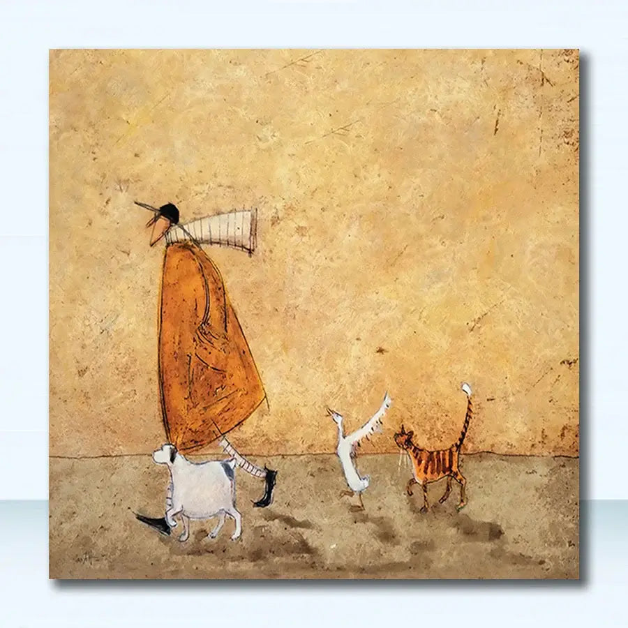 DecorBites™ vintage nordic abstract landscape dog canvas art with orange coat figure and three animals on beige background