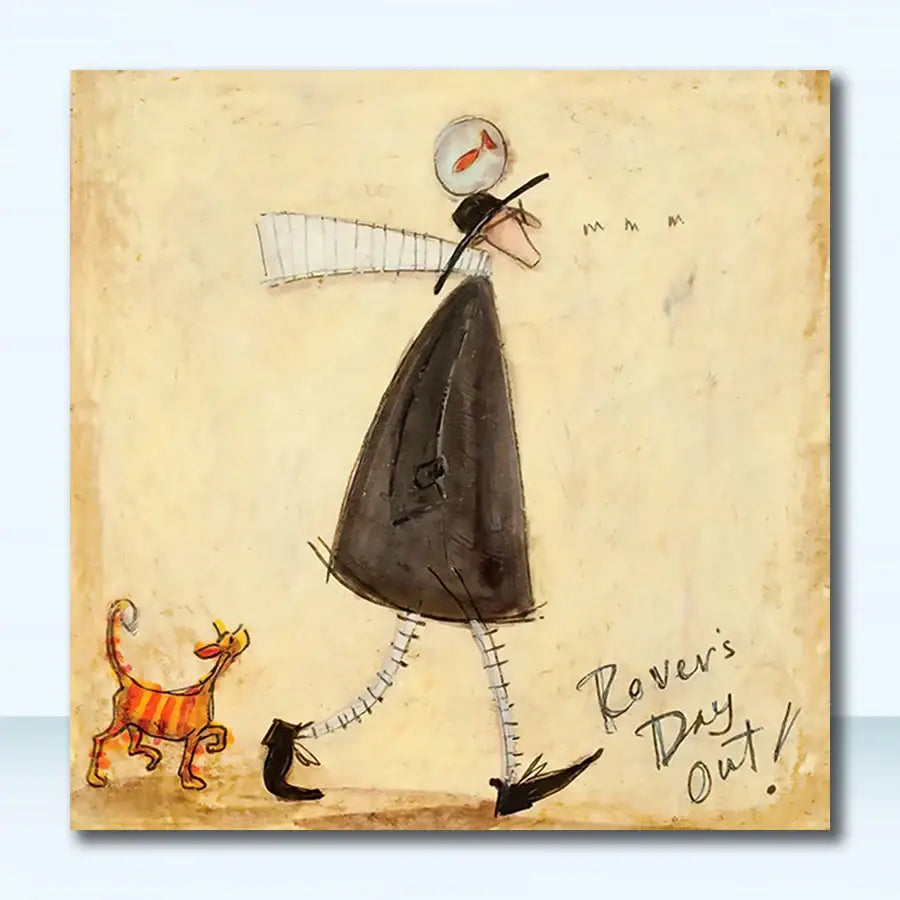 Whimsical decorbites™ vintage nordic abstract landscape canvas art featuring a figure with an orange fish and striped cat