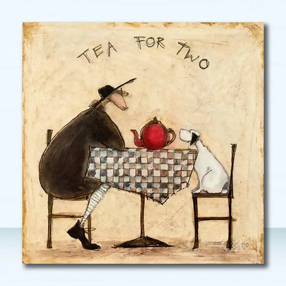 A whimsical red ceramic teapot on a checkered tablecloth complements the nordic abstract landscape dog canvas art from decorbites