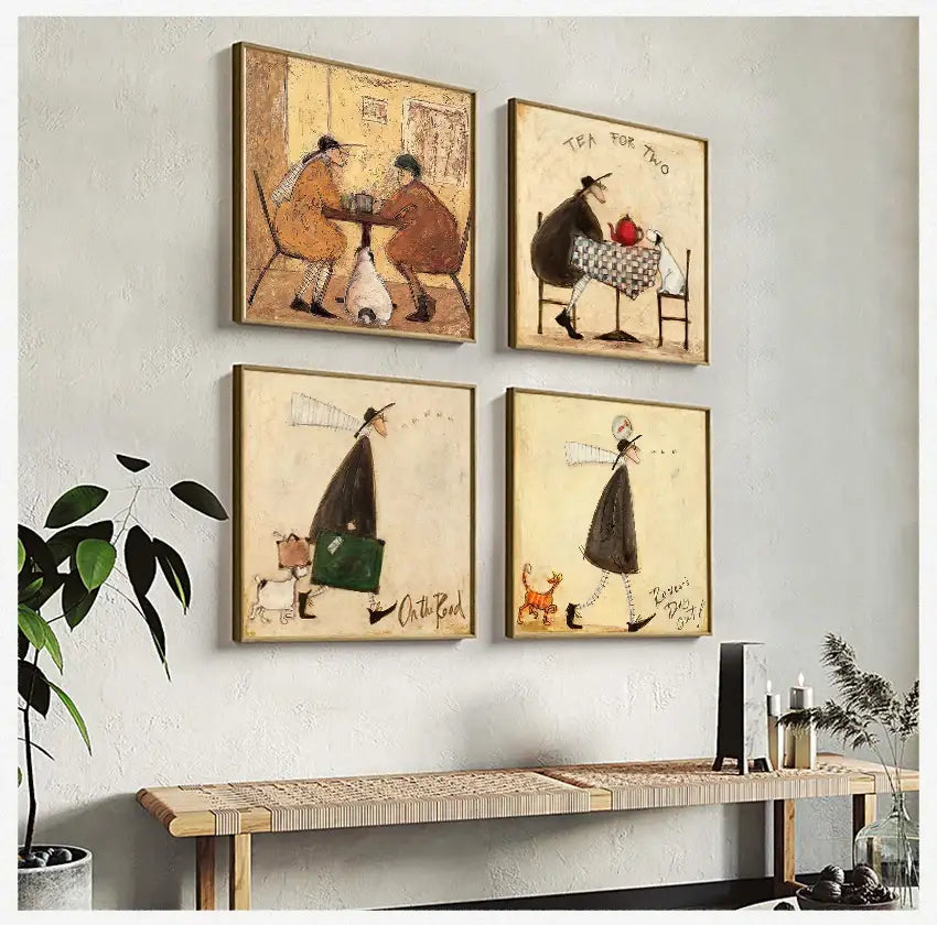 Four framed whimsical vintage nordic abstract landscape canvas art featuring charming cozy scenes of people and animals