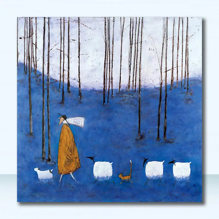 Decorbites™ vintage nordic abstract landscape canvas art featuring a stylized figure in orange with sheep and cat