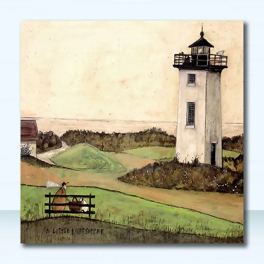 Decorbites™ vintage nordic abstract landscape dog canvas art featuring a white lighthouse with black trim against beige sky