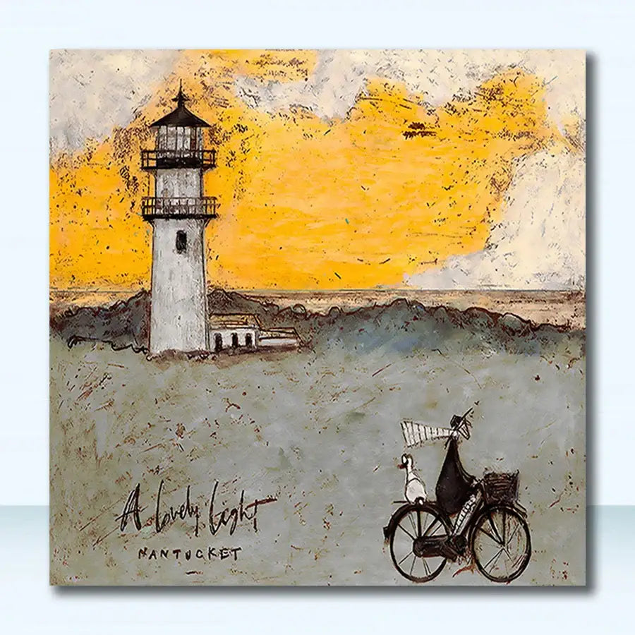 DecorBites™ vintage nordic canvas wall art featuring a white lighthouse and cyclist against an orange and gray sky