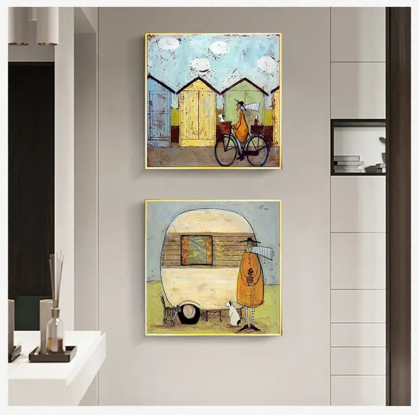 Two square-framed whimsical wall art paintings featuring a vintage nordic abstract landscape with cyclist and camper trailer