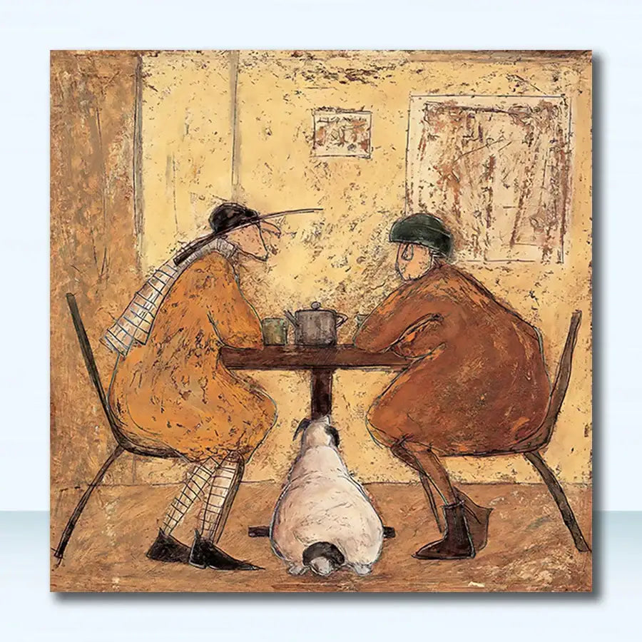 Warm-toned textured canvas wall art by decorbites featuring vintage nordic abstract landscape with two figures and a dog