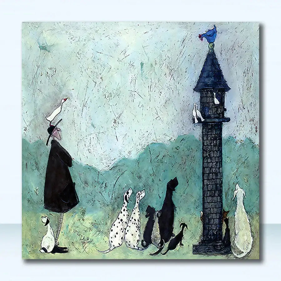 A whimsical square canvas wall art featuring a man with dogs and a tall dark tower in vintage nordic abstract landscape style