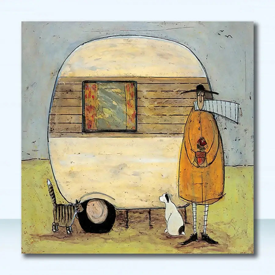 Whimsical hand-painted vintage nordic abstract landscape wall art featuring cream wood-paneled camper and figure in orange coat