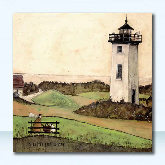 Decorbites vintage nordic canvas wall art featuring a white lighthouse with black trim against a beige sky