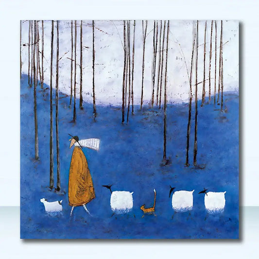 Decorbites™ vintage nordic canvas wall art featuring a stylized figure in orange robe walking through blue forest with sheep and cat