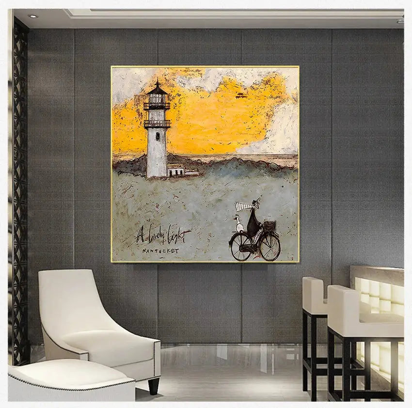 Decorbites™ vintage nordic canvas wall art featuring a white lighthouse against yellow sky with bicycle and bird foreground