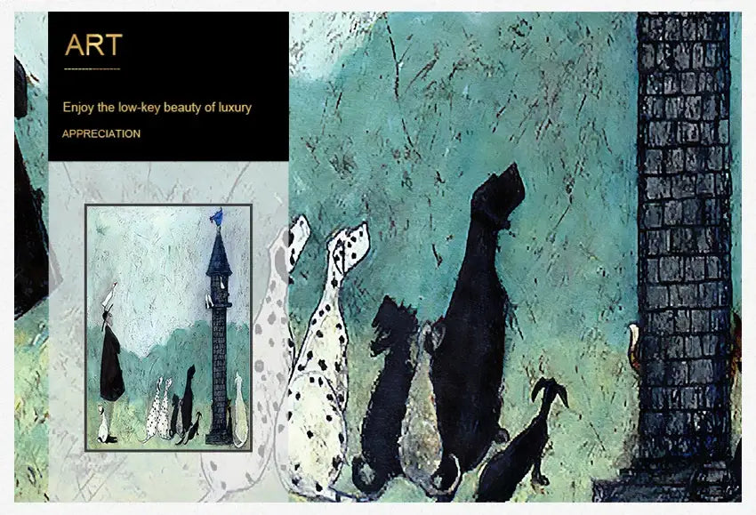 Decorbites™ vintage nordic canvas wall art featuring textured teal mixed-media painting of stylized dalmatian dogs