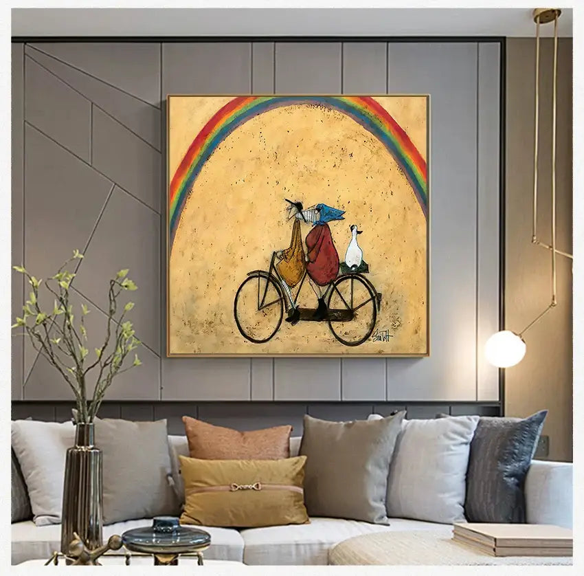 Decorbites™ vintage nordic canvas wall art featuring a red figure riding a bicycle under a vibrant rainbow