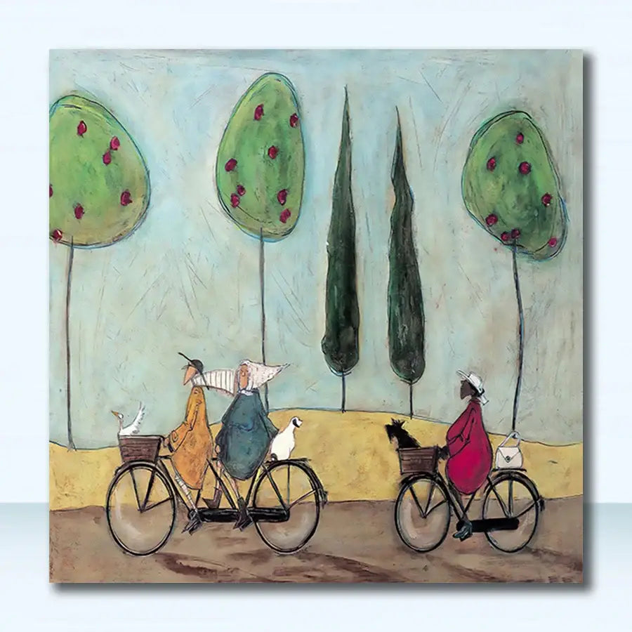 DecorBites™ vintage nordic canvas wall art featuring whimsical cyclists and stylized trees on a square canvas