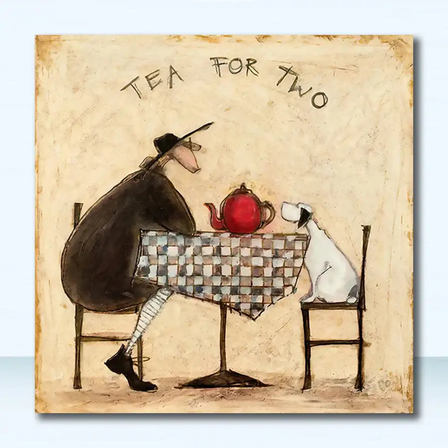 A whimsical red ceramic teapot on a checkered tablecloth between a man and his dog in vintage nordic canvas wall art