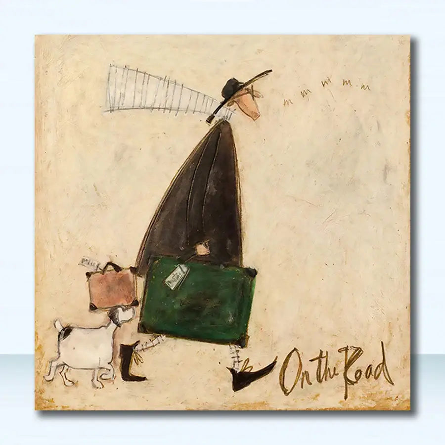 Decorbites™ vintage nordic canvas wall art featuring a traveler with suitcases and a dog in whimsical style
