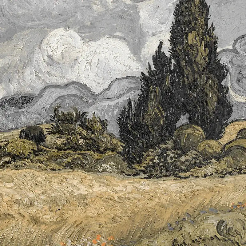 DecorBites™ vintage oil painting canvas poster of textured cypress trees under a swirling gray and white sky