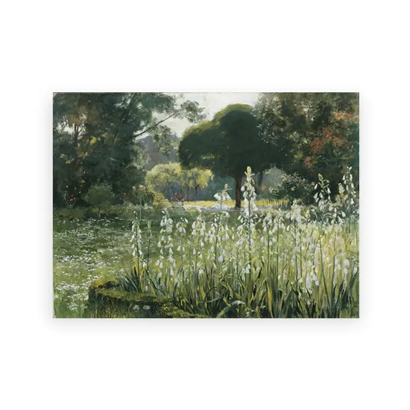 Decorbites™ vintage oil painting canvas poster featuring a serene garden with white flowers and green foliage