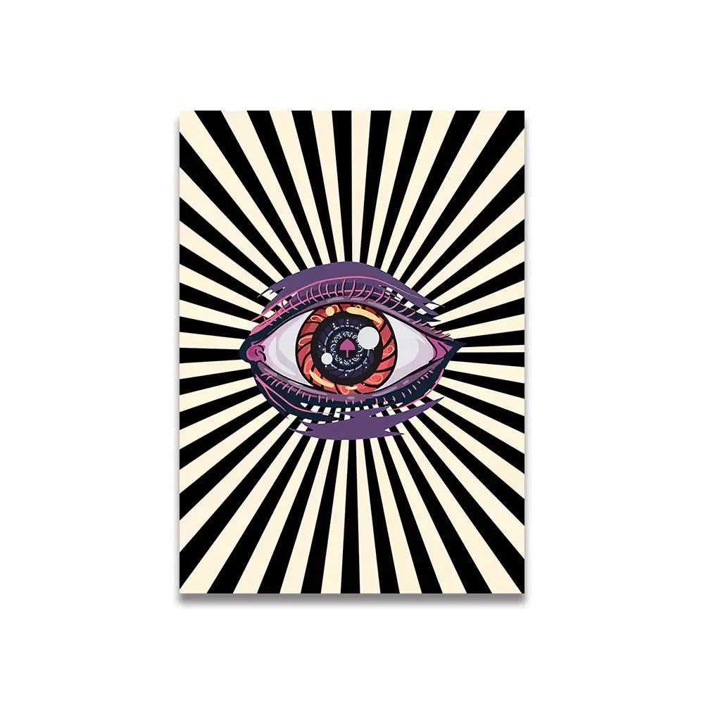 Decorbites™ vintage pink cartoon canvas poster featuring a stylized eye with purple iris and red-orange pupil on striped background