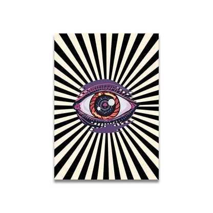 Decorbites™ vintage pink cartoon canvas poster featuring a stylized eye with purple iris and red-orange pupil on striped background