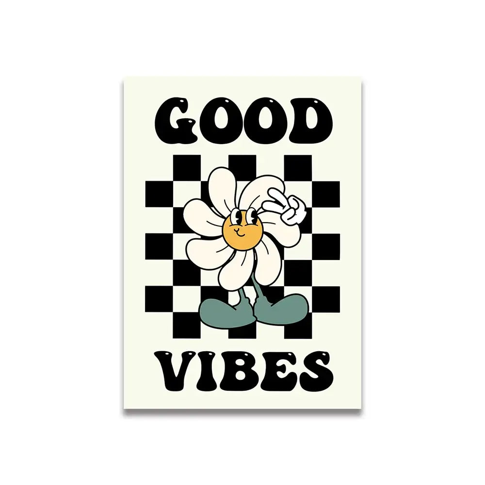 Decorbites™ vintage pink cartoon canvas poster featuring a cheerful daisy with white petals on checkered background