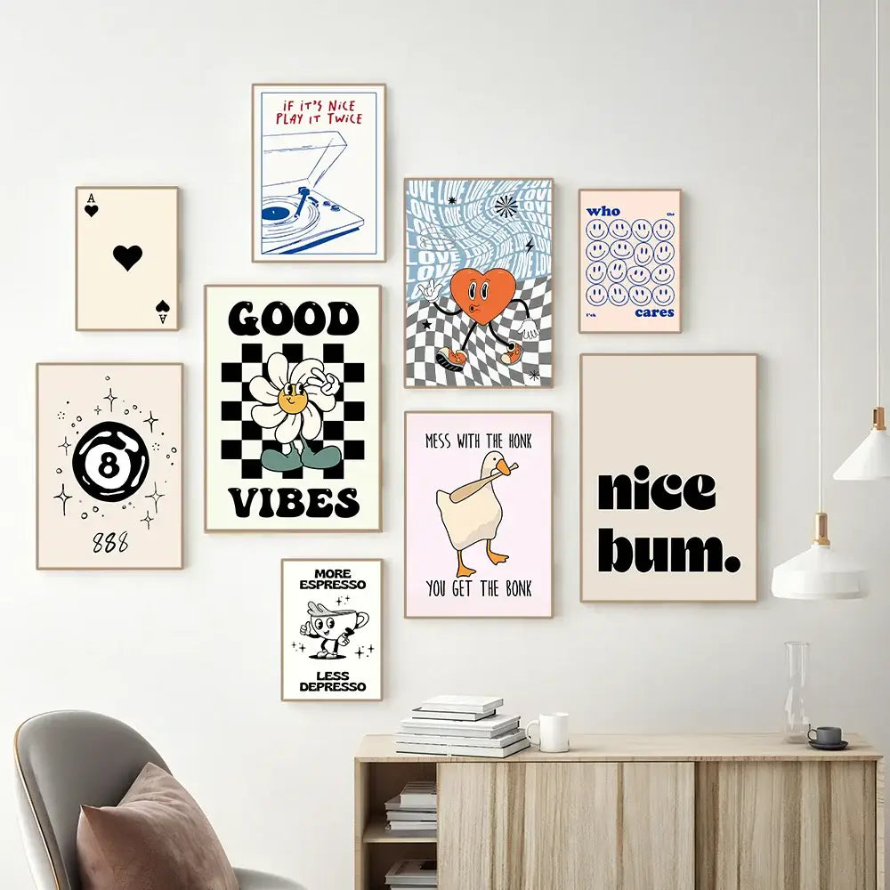 A collection of nine framed vintage pink cartoon canvas posters with playful minimalist designs for home decor