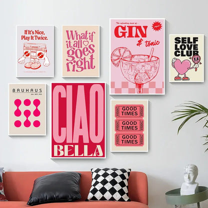 A collection of six decorbites™ vintage pink cartoon canvas posters with bold typography and vintage-inspired graphics
