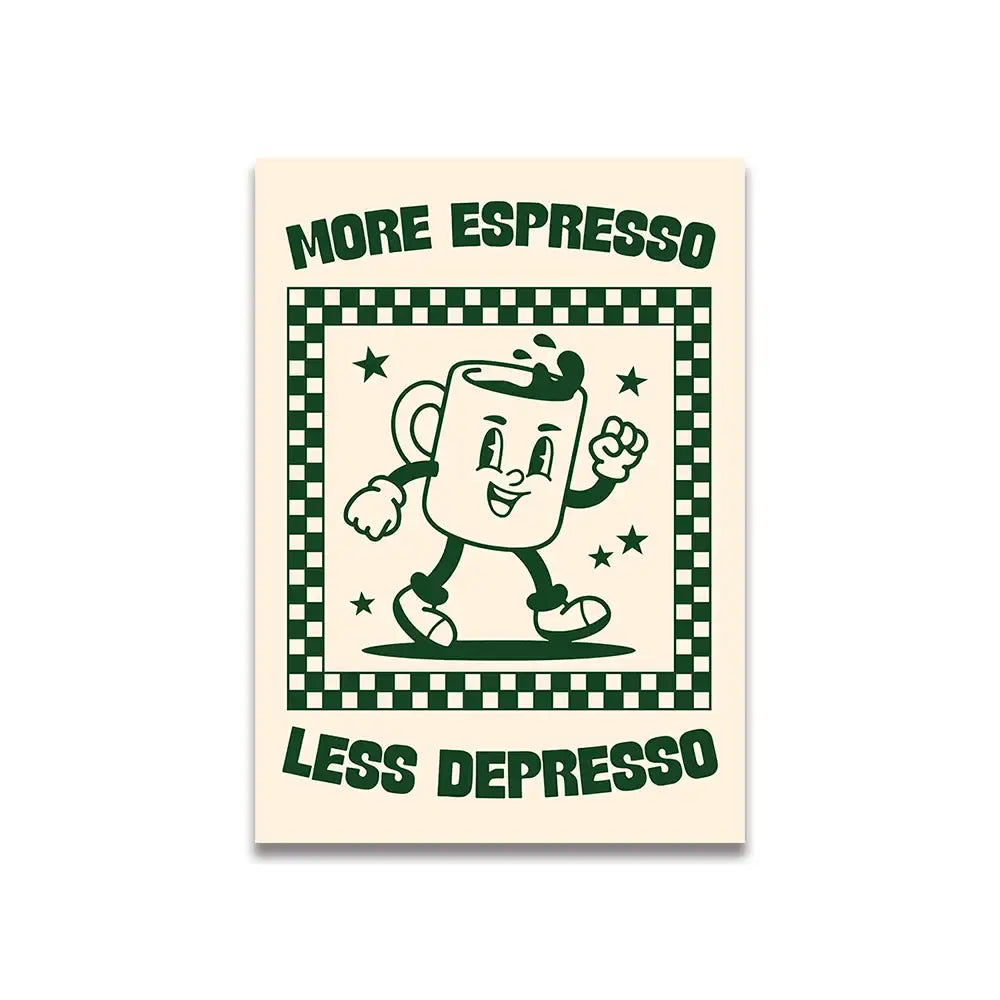Decorbites™ vintage pink cartoon canvas poster featuring a cheerful green ink espresso cup on cream background