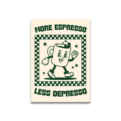 Decorbites™ vintage pink cartoon canvas poster featuring a cheerful green ink espresso cup on cream background