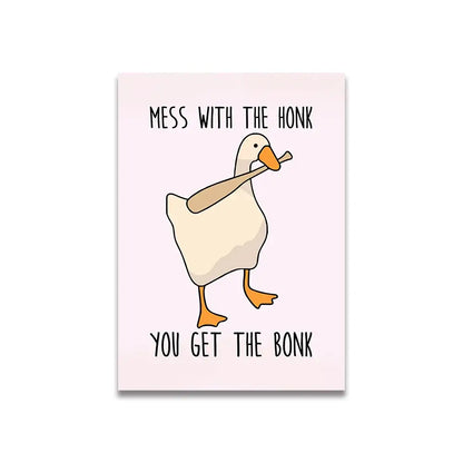DecorBites™ vintage pink cartoon canvas poster featuring a whimsical beige duck with orange beak holding a wooden bat