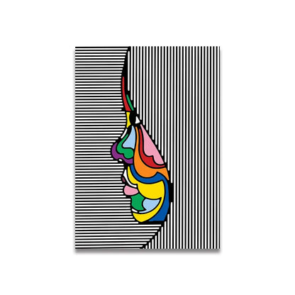 DecorBites™ vintage pink cartoon canvas poster featuring a vibrant rainbow profile on black-and-white striped background